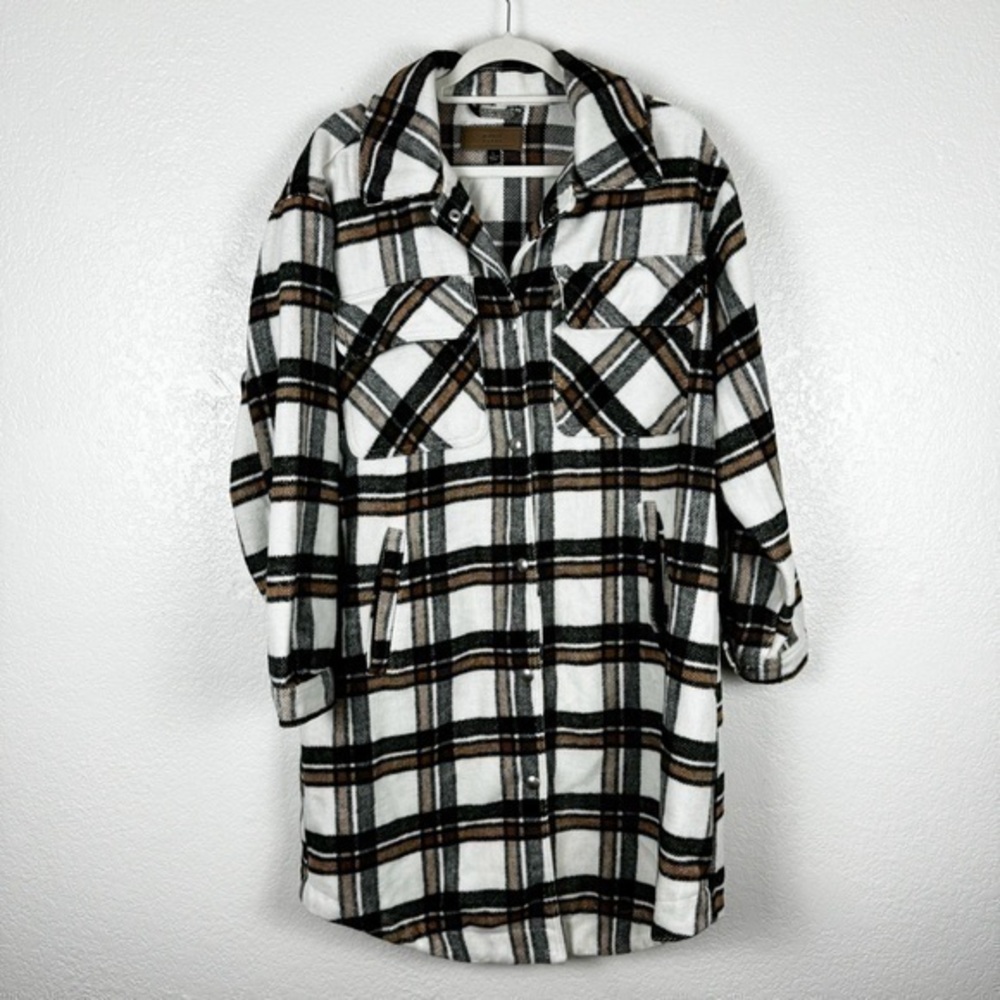 Blank NYC Plaid Button Down Long Shacket Coat White Brown Black Size Large